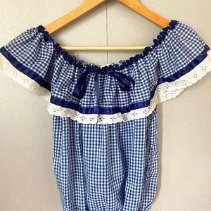 Off shoulder blue checkered picnic bow ruffle top